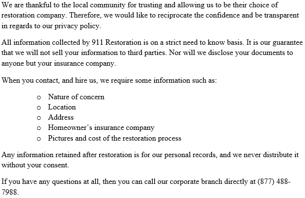 911 Restoration Privacy Policy San Jose